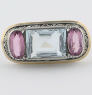 Antique Victorian 14k Gold Aquamarine Pink Tourmaline Diamond Enamel Brooch Pin