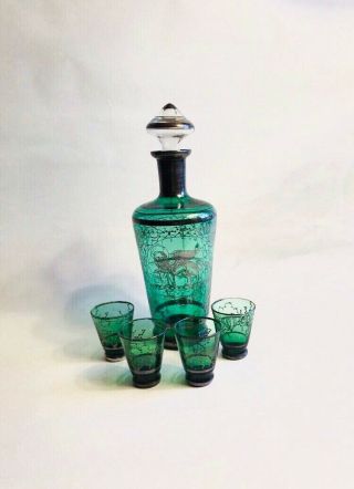 Antique Hand Blown Decanter Venetian Emerald Glass Set 4 Cordials Silver Overlay