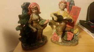 Pair Vintage Majolica Boy And Girl With Musical Instruments.