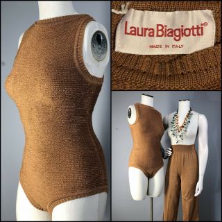 Vtg 80s Bodysuit High Waist Pants Design Laura Biagiotti Italy Terry Cotton Knit