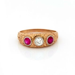 Antique Vintage Deco 14k Bi Gold Ruby & Diamond Wedding Engagement Ring Sz 9.  25 2