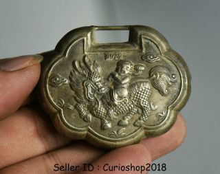 5.  5cm Old Chinese Silver Feng Shui Kylin Qilin Tongzi Boy Lucky Pendant Amulet
