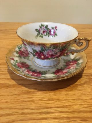 Ucagco China Tea Cup And Saucer Rose Pattern With Gold Trim