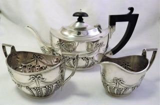 Ornate Solid Sterling Silver Tea Set - Birmingham 1923 - Henry Mathews Swag Bow