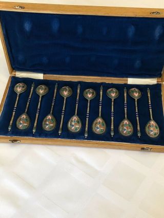 Russian Imperial Silver Enamel Gilt Tea Spoons Set Of 12 Marked 84 Mark,  130 Gram