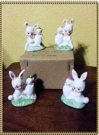 Hard To Find Vintage Relpo 4 Piece Set Porcelain Pixie Bunnies W/box