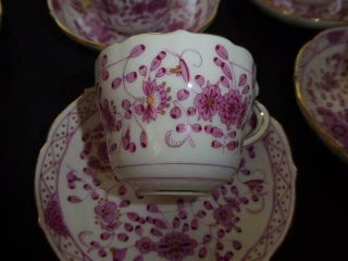 ANTIQUE MEISSEN PINK/PURPLE INDIAN DEMITASSE CUPS & SAUCERS SET 9 1st QUALITY 4