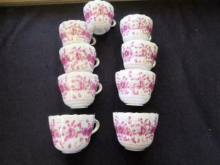 ANTIQUE MEISSEN PINK/PURPLE INDIAN DEMITASSE CUPS & SAUCERS SET 9 1st QUALITY 6