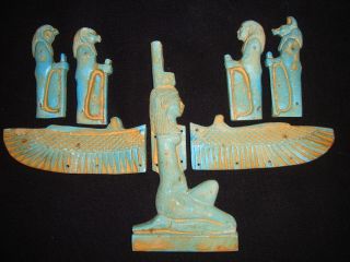 Antiques Egyptian Goddess Winged Isis Egypt Statue With Four Sons Of Horus1200bc
