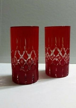 Vintage Ruby Red Cut To Clear Crystal Glasses (set Of 2)