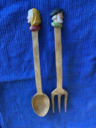 Vintage Wood Hand - Carved Hand - Painted Old Man Woman Fork & Spoon