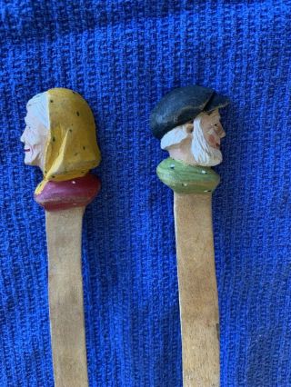 VINTAGE WOOD HAND - CARVED HAND - PAINTED OLD MAN WOMAN FORK & SPOON 2