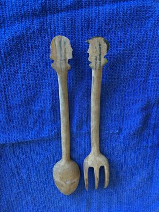 VINTAGE WOOD HAND - CARVED HAND - PAINTED OLD MAN WOMAN FORK & SPOON 3