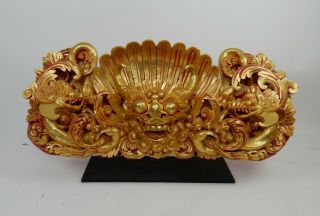 Antique Large Balinese Indonesian Gilt Wood Carving Of Barong W/ Metal Stand 44