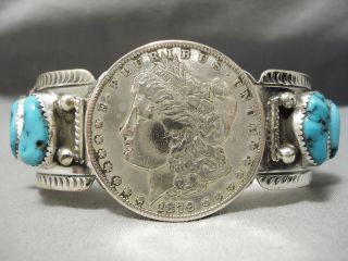 Huge Heavy Old Vintage Navajo 1879 Coin Turquoise Sterling Silver Bracelet Old