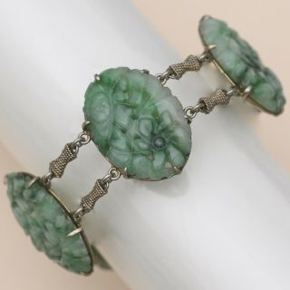 Vtg Art Deco Sterling Silver Carved Jadeite Jade Flower 1” Wide Bracelet