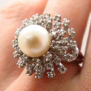 Antique Art Deco 585/14k White Gold Akoya Pearl W/ Diamond 0.  80ct Handmade Ring