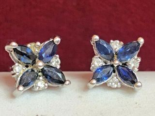 Vintage Estate 14k White Gold Blue Sapphire & Natural Diamond Earrings