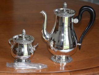 Cristofle French Silver Plated Coffeepot,  Sugar Bowl And Sugar Tong,  Malmaison.