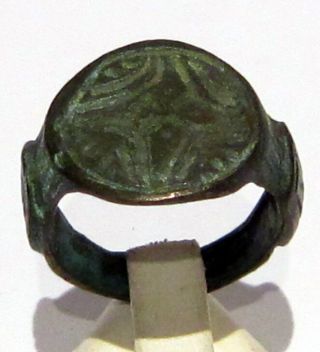Post - Medieval Bronze Ring With Engraving Cross On The Top 494