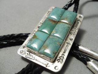 Detailed Vintage Navajo Squared Royston Turquoise Sterling Silver Bolo Tie