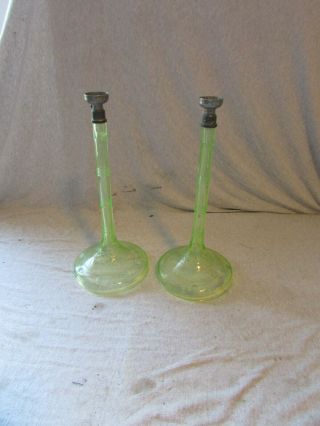 Vtg Antique Vaseline Uranium Etched Glass Candlestick Lamp Bases Pair Art Deco