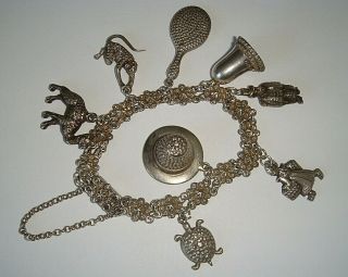 Rare Victorian Antique Silver Repousse Charm X 8 Bracelet Inc Charles Horner