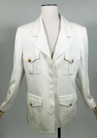 Authentic Chanel Vintage Jacket White With Gold Coco Mark Button Size M