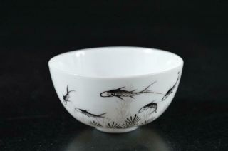 S3899: Chinese Pottery Colored porcelain Fish Shrimp Poetry pattern SAKE CUP 2