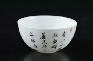 S3899: Chinese Pottery Colored porcelain Fish Shrimp Poetry pattern SAKE CUP 5