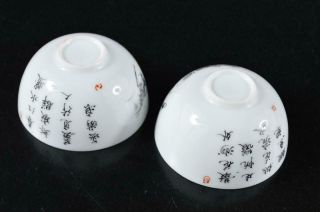 S3899: Chinese Pottery Colored porcelain Fish Shrimp Poetry pattern SAKE CUP 6