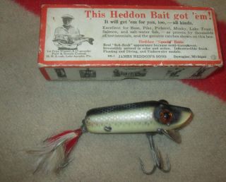 Scarce Heddon Giant Runt Salmon,  Musky Plug W/marked Box,  Papers