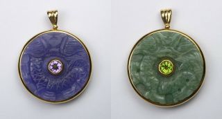Vintage 14k Yellow Gold Round Green/purple Jade Pendant W/ Amethyst & Peridot