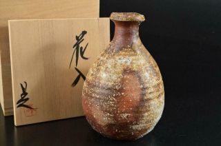 S4923: Japanese Shigaraki - Ware Youhen Pattern Flower Vase Ikebana W/signed Box