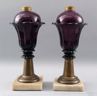 Pair 19thC Antique Amethyst Sandwich Glass Whale Oil Lamps,  RARE 2