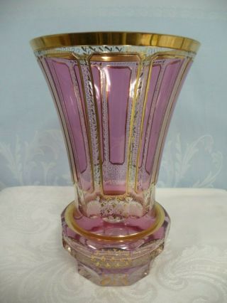 Antique Moser Bohemian Gilded Cranberry 9 " Vase