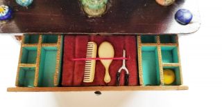 ANTIQUE OUTSTANDING BIEDERMEIER DOLLHOUSE TALL TOILETRY TABLE FILLED DRAWER 10