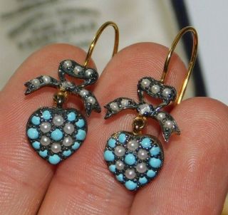 Fine Antique Vintage 9ct Gold Diamond Seed Pearl Turquoise Heart Bow Earrings