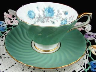 Aynsley Blue Roses Sage Green Swirled Tea Cup And Saucer
