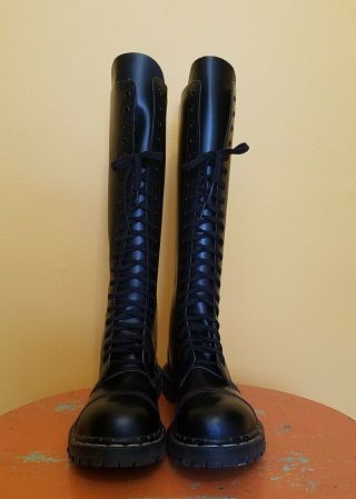 Vintage Gripfast 20 Eyelet Steel Toe Black Tall Boots England Men 8 Women 9