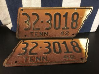 Vintage 1942 Tennessee License Plate State Shaped Pair