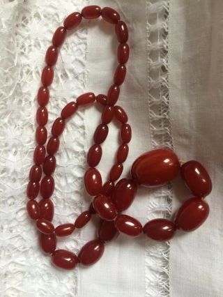 Antique Art Deco Graduated Cherry Amber Bead Necklace.  Very Long,  Good Catch,  G/c