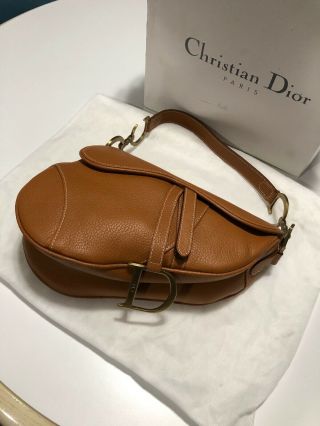 Vintage Christian Dior Pebbled Calf Leather Saddle Bag With Tags And Box