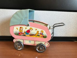 Vintage Ohio Art Tin Metal Baby Doll Carriage Stroller Buggy,  Graphics,  Old