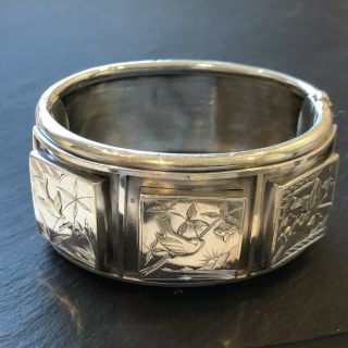Antique Late Victorian Silver Cuff Bracelet With Fine Bird Engraved Motifs