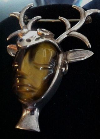 Los Ballesteros Antique Sterling Pendant Pin Necklace Tiger Eye Stone Mask