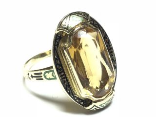 Stunning Vtg Ladies 14k Yellow Gold Citrine Ring - Enameled - Large Stone - Sz 8