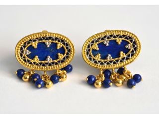 Substantial Frey Wille 9ct Gold & Lapis Lazuli Byzantine Stud Earrings