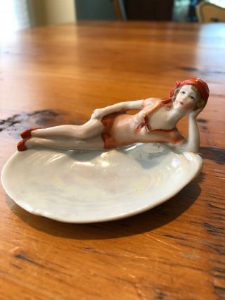 Antique Bathing Beauty Figurine Pin Dish - Glazed Bisque - 4027 Germany