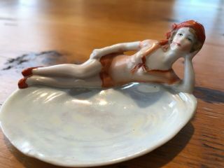 ANTIQUE BATHING BEAUTY FIGURINE PIN DISH - GLAZED BISQUE - 4027 GERMANY 2